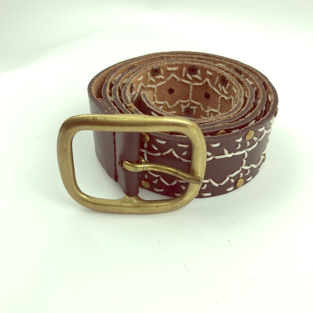 Brown Leather Belt Stitching Brass Buckle XL